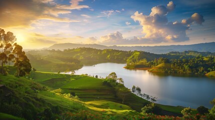 Golden-Hour Landscape of a Peaceful Lake Surrounded by Lush Green Hills, Colorful Flowers, Dense Trees, and a Distant Mountain Range