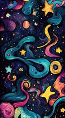 Obraz premium A vibrant abstract composition features swirling colors and stars, creating a playful, cosmic atmosphere ideal for creative projects