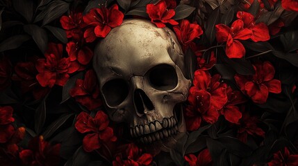 Skull surrounded by red flowers, dark and mysterious theme