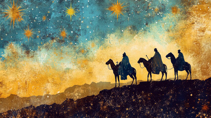 Vintage postcard. Epiphany Day. Biblical magi following the Bethlehem star. Three Kings Day. Horizontal banner. Free space for text. Religious greeting card. Dia de los Reyes Magos