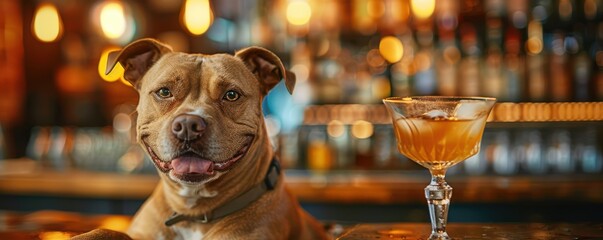 Close-up of a bulldog with a cocktail, funny and adorable scene in a bar setting.