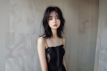 Fototapeta premium シンプルで大人っぽいブラックドレスの美人 魅力的