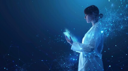 Naklejka premium Artificial intelligence scientist utilizes hightech holographic interface in a futuristic digital world setting