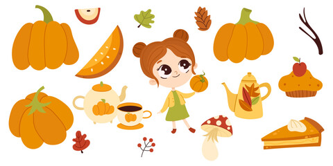 Autumn elements set, cute hand drawn seasonal objects and characters. Vector illustration in flat style