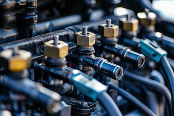 A close up of an engines fuel rail and injectors, showcasing intricate details
