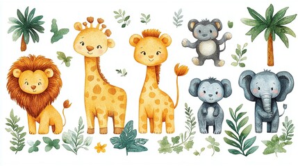Cute watercolor jungle animals illustration featuring lions, giraffes, elephants, and koalas. Perfect for children’s decor, educational materials, or jungle-themed marketing with room for text or bran