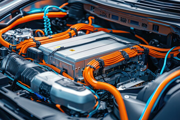 A detailed view of an electric vehicles engine and battery system, showcasing vibrant orange cables