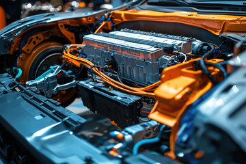 Fototapeta premium A detailed view of an electric vehicles engine and battery, showcasing advanced technology