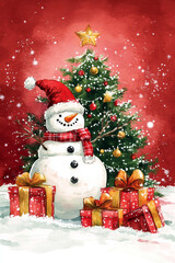 A cheerful snowman with a red Santa hat and scarf standing in front of a decorated Christmas tree, surrounded by wrapped gifts and snowfall.