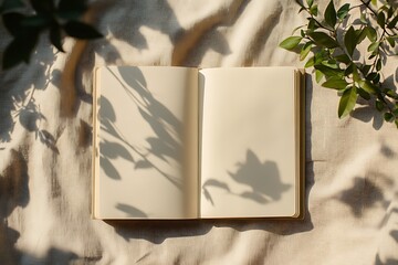 Top view of open sketchbook with empty sheets mockup, natural sunlight shadow of plant leaves, beige linen background, writers blog or business brand design template, copy space. Generative Ai