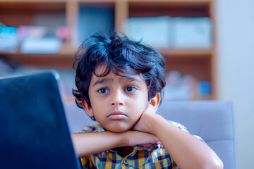 A boy from India watches hair care tutorials on his laptop, learning how to style and maintain his hair for different looks.