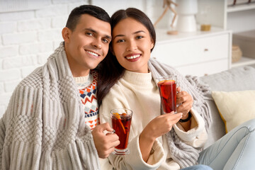 Happy couple with glasses of tasty mulled wine and warm blanket sitting on sofa in living room