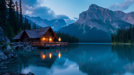 Fototapeta premium small house located around beautiful mountains and lakes