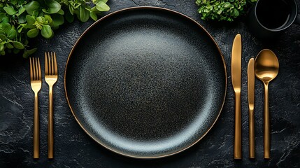 Black plate with gold cutlery and greenery on a dark background.