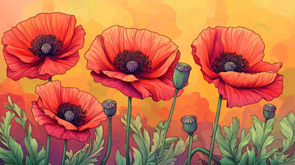 Fototapeta premium Illustration of vibrant red poppy flowers.