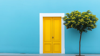 a fragment of a house wall with a door and a tree