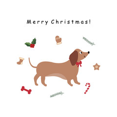 Happy holidays card with dog and christmas decorations, candy, gifts, garlands, cookies, bone. Vector graphics