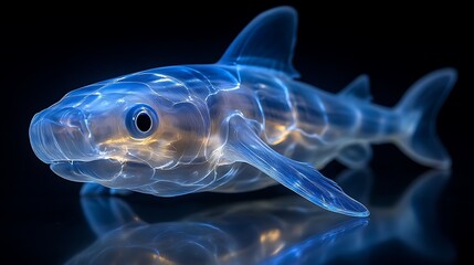 A transparent, glowing shark sculpture with a black background.