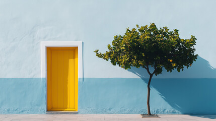 a fragment of a house wall with a door and a tree