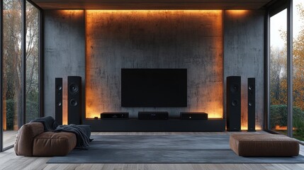 contemporary home theater concept featuring black speakers and a sleek media console for a stylish interior design look