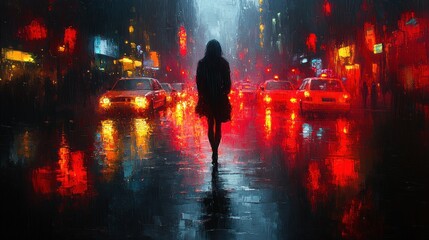 A silhouette walks through a rain-soaked city street at night.