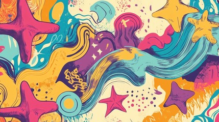 Fototapeta premium A lively abstract design showcases colorful waves and playful shapes like stars, creating a cheerful and whimsical atmosphere