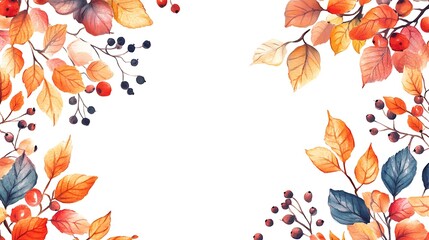 Watercolor Autumn, Fall, Harvest Day background with beautiful watercolor leaves and berries. Horizontal border of leaf fall. Generative Ai