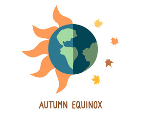 Autumn equinox concept. Planet Earth with sun rays vector illustration. Equal day and night time. Beginning of fall.