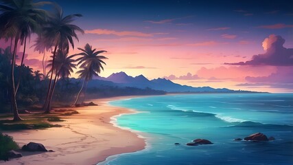 gorgeous tropical beach at nightfall with outlines of palm trees
