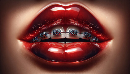 Fototapeta premium Close-Up of Red Lips with Metal Braces
