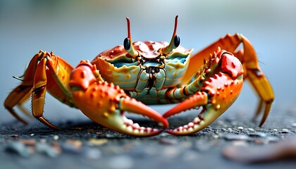 Vibrant orange crab close-up revealing intricate claws and textures against a softly blurred background