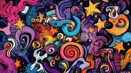 This whimsical abstract banner features vibrant swirls and stars, creating an engaging, colorful cosmic pattern that captivates the eye