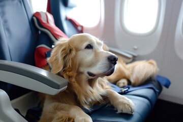 A golden retriever lounges in an airplane seat, looking out the window during a flight, enjoying the travel experience