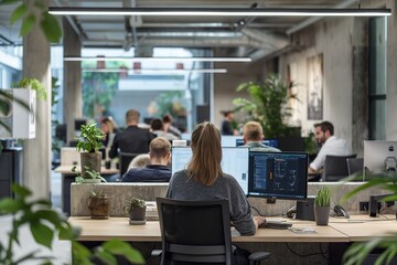 A person is focused on their work in a modern office filled with plants and collaborative teams across desks