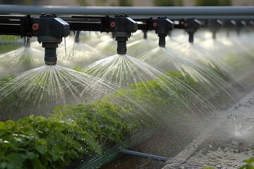 Water flows from an automated irrigation system, nourishing neatly arranged green plants in a garden setting