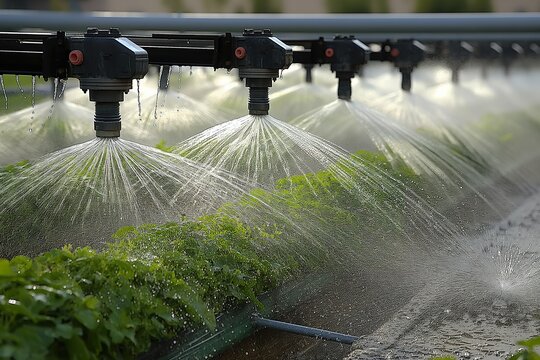 Water flows from an automated irrigation system, nourishing neatly arranged green plants in a garden setting