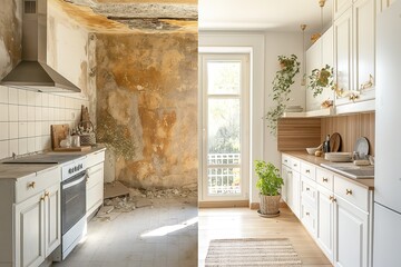 A kitchen renovation shows a contrasting before and after, highlighting updated design and improved aesthetics