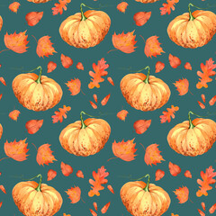 Pattern with orange pumpkins. Watercolor illustration, drawing for fabric.