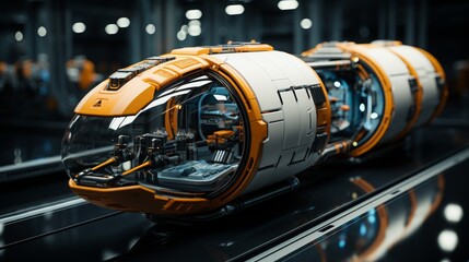 Robotic arms assembling spacecraft hull in advanced fabrication facility