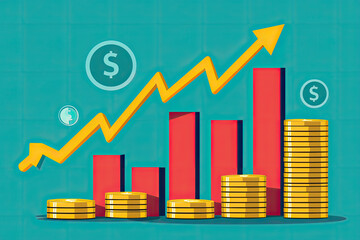 Growing profit arrows and stacks of coins symbolize financial success and growth