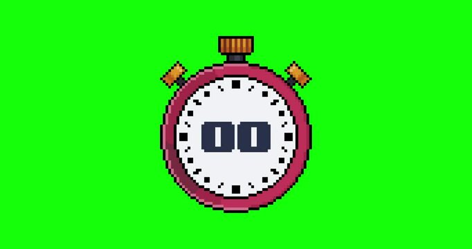 Animation of a red stopwatch counting down from five to zero in pixel art and 8-bit style on green background
