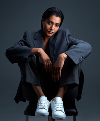 Style, creative and portrait of woman in studio for fashion director, design campaign and branding....