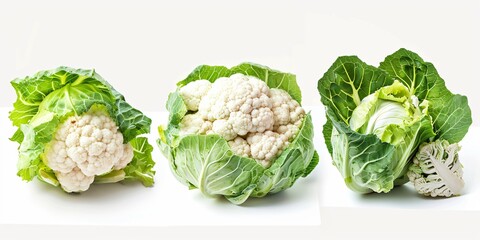 Fototapeta premium Fresh Organic Cauliflower Arrangement with Green Leaves in Studio
