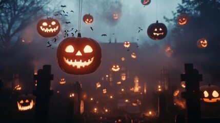 Jack-o'-lanterns hanging in a foggy graveyard at night