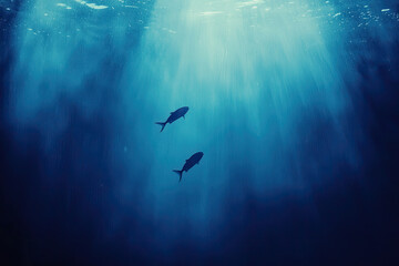 Obraz premium Dramatic underwater scene featuring silhouettes of fish swimming gracefully