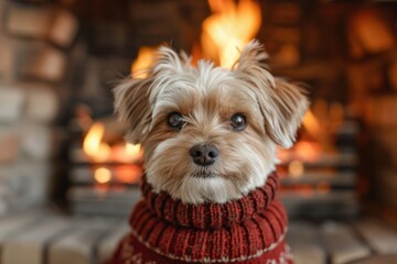 Small dog wearing a sweater sitting in front of a fireplace. christmas jumper day