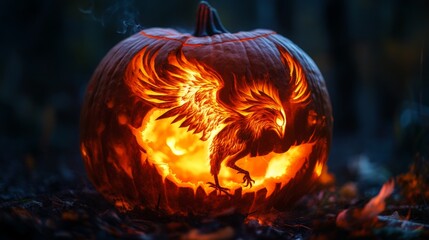 Illuminated Pumpkin Carving of a Phoenix