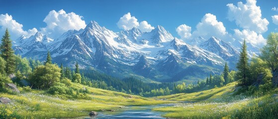 Serene Mountain Valley with River and Wildflowers