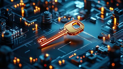 Futuristic key embedded in a microchip circuit board symbolizing cybersecurity, encryption, and digital security concepts.