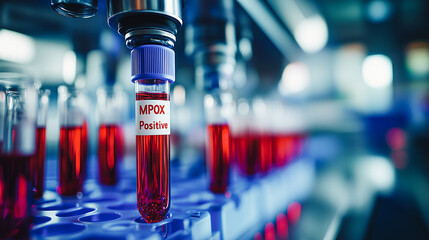 A vial labeled "VPOX Protein" stands out among rows of samples in a modern laboratory setting, highlighting advanced biotechnological research.